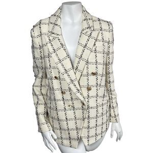 Eli Tahari Plaid Tweed Blazer Jacket Gold Buttons Preppy Career Old Money Sz M